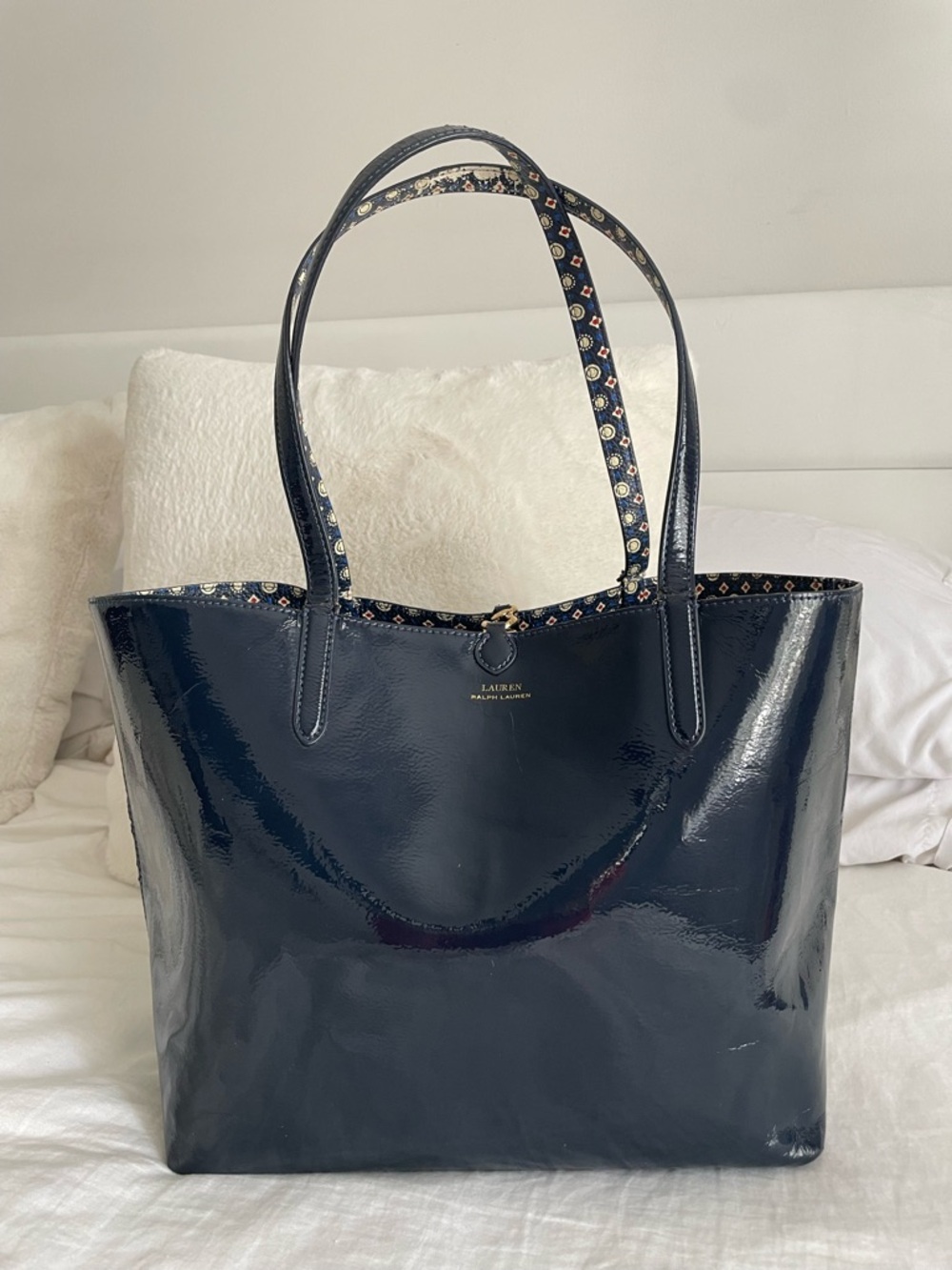 Lauren Ralph Lauren Reversible Navy Patent Tote with Patterned Trim